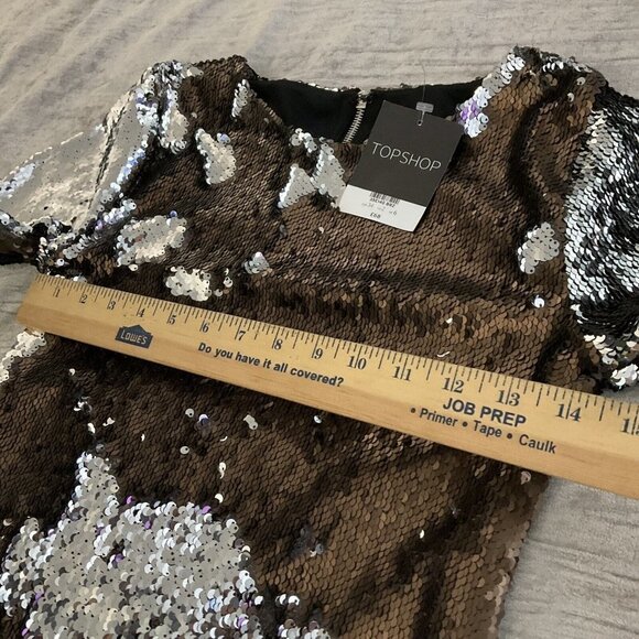 NWT TOPSHOP sequin Mini Party Dress Short sleeve Bronze Silver Metallic Size 2 - Picture 7 of 14